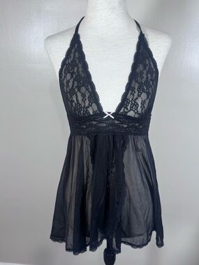 Victoria’s Secret Sz S Black Lace Chemise Halter Top Sheer Burlesque Lingerie
